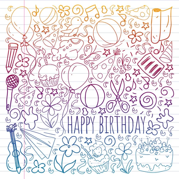 Vector set of cute creative illustration templates with birthday theme design. Hand Drawn for holiday, party invitations. Drawing by pen on exercise notebook. — Stock Vector