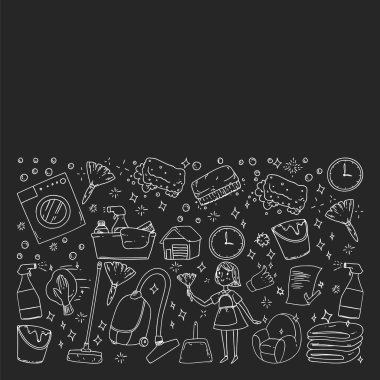 siyah arka plan üzerinde temizlik hizmetleri şirket vektör monokrom desen, çizim tebeşir.