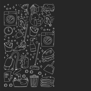 siyah arka plan üzerinde temizlik hizmetleri şirket vektör monokrom desen, çizim tebeşir.