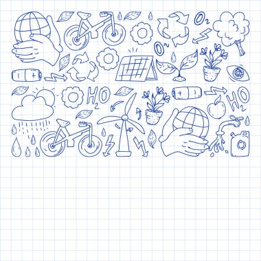 Vektör logosu, tasarım ve rozet trendy çizim tarzı - sıfır atık kavramı, geri dönüşüm ve yeniden, azaltmak - ekolojik yaşam tarzı ve sürdürülebilir gelişmeler simgeleri. damalı kağıda kalem çizimi.