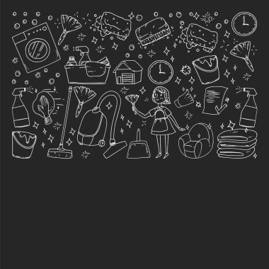 siyah arka plan üzerinde temizlik hizmetleri şirket vektör monokrom desen, çizim tebeşir.