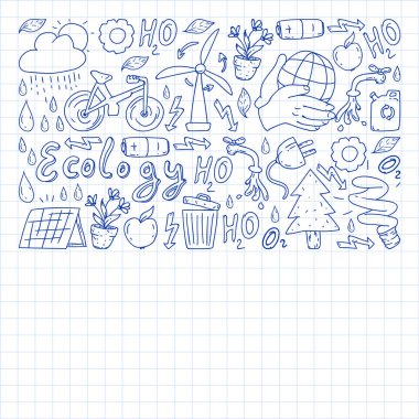 Vektör logosu, tasarım ve rozet trendy çizim tarzı - sıfır atık kavramı, geri dönüşüm ve yeniden, azaltmak - ekolojik yaşam tarzı ve sürdürülebilir gelişmeler simgeleri. damalı kağıda kalem çizimi.