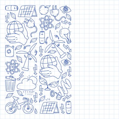 Vektör logosu, tasarım ve rozet trendy çizim tarzı - sıfır atık kavramı, geri dönüşüm ve yeniden, azaltmak - ekolojik yaşam tarzı ve sürdürülebilir gelişmeler simgeleri. damalı kağıda kalem çizimi.