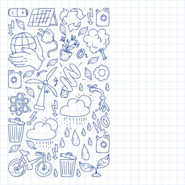 Vektör logosu, tasarım ve rozet trendy çizim tarzı - sıfır atık kavramı, geri dönüşüm ve yeniden, azaltmak - ekolojik yaşam tarzı ve sürdürülebilir gelişmeler simgeleri. damalı kağıda kalem çizimi.