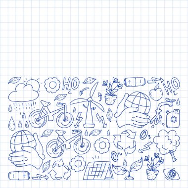 Vektör logosu, tasarım ve rozet trendy çizim tarzı - sıfır atık kavramı, geri dönüşüm ve yeniden, azaltmak - ekolojik yaşam tarzı ve sürdürülebilir gelişmeler simgeleri. damalı kağıda kalem çizimi.