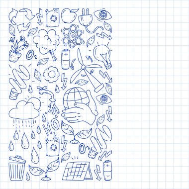 Vektör logosu, tasarım ve rozet trendy çizim tarzı - sıfır atık kavramı, geri dönüşüm ve yeniden, azaltmak - ekolojik yaşam tarzı ve sürdürülebilir gelişmeler simgeleri. damalı kağıda kalem çizimi.