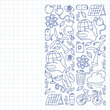 Vektör logosu, tasarım ve rozet trendy çizim tarzı - sıfır atık kavramı, geri dönüşüm ve yeniden, azaltmak - ekolojik yaşam tarzı ve sürdürülebilir gelişmeler simgeleri. damalı kağıda kalem çizimi.