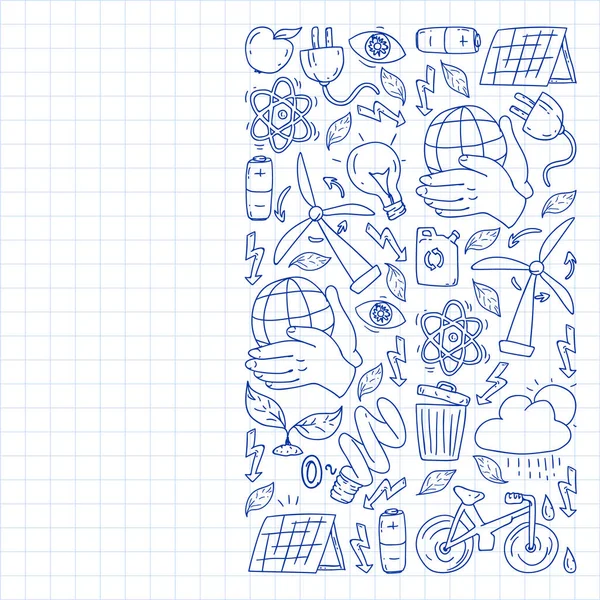 Vektör logosu, tasarım ve rozet trendy çizim tarzı - sıfır atık kavramı, geri dönüşüm ve yeniden, azaltmak - ekolojik yaşam tarzı ve sürdürülebilir gelişmeler simgeleri. damalı kağıda kalem çizimi.