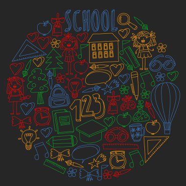 Vektör doodle tarzında okul simgeleri geri ayarlayın. Bir okul tahtası üzerinde renkli tebeşir ile çizim.