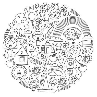 Macera zamanı. Hayal yaratıcılık küçük çocuklar anaokulu anaokulu okul çocukları karalama simgeler desen çizim oynamak, oyun, çalışma, mutlu erkek ve kız ile öğrenmek Uzay keşfedelim.