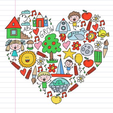 Macera zamanı. Hayal yaratıcılık küçük çocuklar anaokulu anaokulu okul çocukları karalama simgeler desen çizim oynamak, oyun, çalışma, mutlu erkek ve kız ile öğrenmek Uzay keşfedelim.