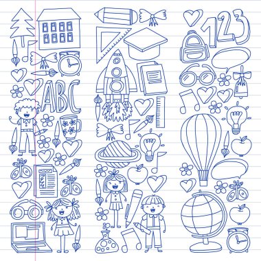 Doodle stilinde Okula Dönüş simgelerinin vektör kümesi. Boyalı, renkli, beyaz arka plan üzerinde bir kağıt parçası üzerinde resimler. Egzersiz not defterine kalemle çizim.