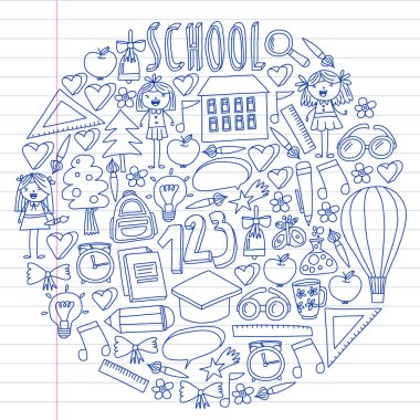 Doodle stilinde Okula Dönüş simgelerinin vektör kümesi. Boyalı, renkli, beyaz arka plan üzerinde bir kağıt parçası üzerinde resimler. Egzersiz not defterine kalemle çizim.