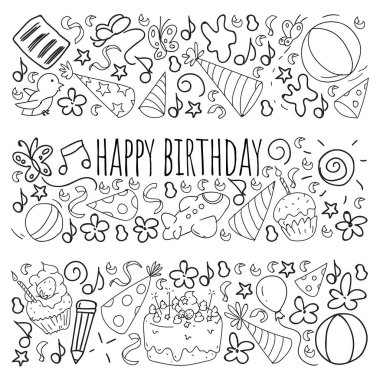 Doğum günü tema tasarımı ile sevimli yaratıcı illüstrasyon şablonları Vektör seti. Tatil için El Çizilmiş, parti davetiyeleri.