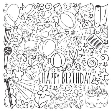 Doğum günü tema tasarımı ile sevimli yaratıcı illüstrasyon şablonları Vektör seti. Tatil için El Çizilmiş, parti davetiyeleri.