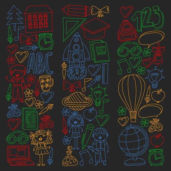 Vektör doodle tarzında okul simgeleri geri ayarlayın. Bir okul tahtası üzerinde renkli tebeşir ile çizim.