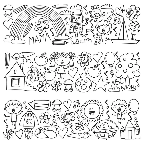 Tijd tot avontuur. Verbeelding creativiteit kleine kinderen spelen kwekerij kleuterschool Preschool Schoolkids tekening doodle pictogrammen patroon, spelen, studie, leren met gelukkige jongens en meisjes laten we de ruimte verkennen. — Stockvector