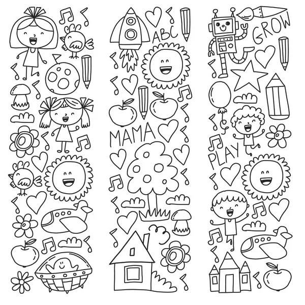 Tijd tot avontuur. Verbeelding creativiteit kleine kinderen spelen kwekerij kleuterschool Preschool Schoolkids tekening doodle pictogrammen patroon, spelen, studie, leren met gelukkige jongens en meisjes laten we de ruimte verkennen. — Stockvector