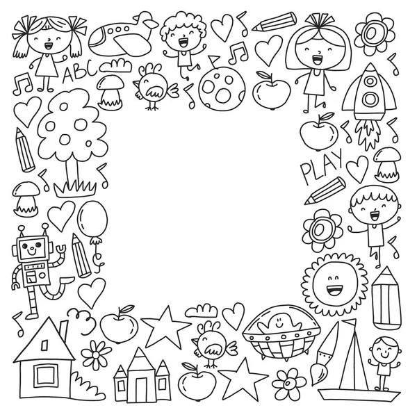 Macera zamanı. Hayal yaratıcılık küçük çocuklar anaokulu anaokulu okul çocukları karalama simgeler desen çizim oynamak, oyun, çalışma, mutlu erkek ve kız ile öğrenmek Uzay keşfedelim.