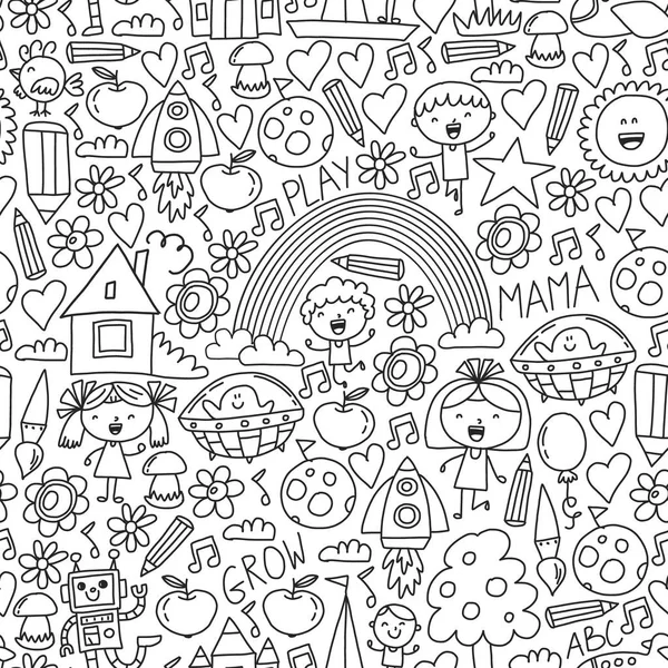 Hora de la aventura. Imaginación creatividad niños pequeños jugar guardería jardín de infantes preescolar niños dibujar iconos de garabatos patrón, jugar, estudiar, aprender con niños y niñas felices Vamos a explorar el espacio . — Archivo Imágenes Vectoriales