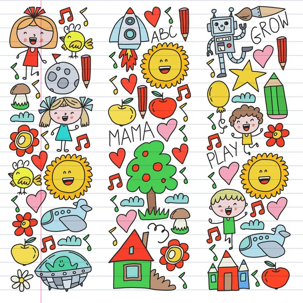 Hora da aventura. Criatividade imaginação crianças pequenas jogar creche pré-escolar crianças desenho doodle ícones padrão, brincar, estudar, aprender com meninos e meninas felizes Vamos explorar o espaço . — Vetor de Stock