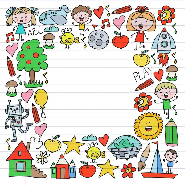 Čas k dobrodružství. Imaginace tvořivost malé děti hrát dětský školník školka škola děti kreslit doky ikony, hrát, studovat, učit se šťastným chlapcům a děvčatům podíváme se na vesmír. — Stockový vektor