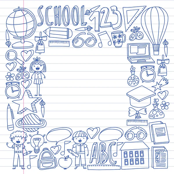 Vektor-Set von Schulsymbolen im Doodle-Stil. gemalt, bunt, Bilder auf einem Blatt Papier auf weißem Hintergrund. Zeichnung per Stift auf dem Schulheft. — Stockvektor