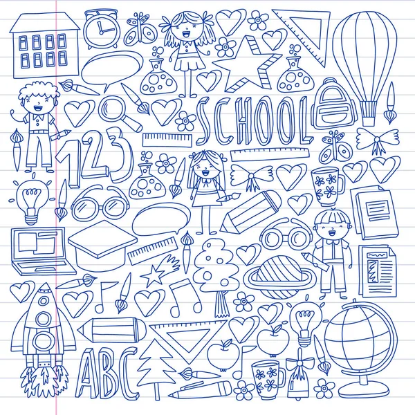 Conjunto vetorial de ícones Back to School em estilo doodle. Pintado, colorido, imagens em um pedaço de papel sobre fundo branco. Desenho a caneta no caderno de exercícios . — Vetor de Stock