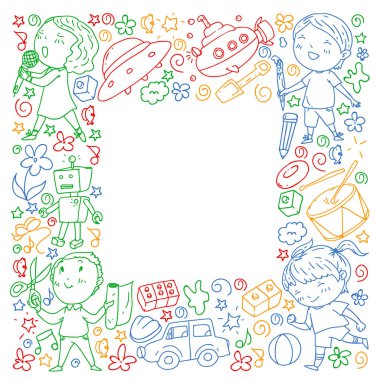 Çocukluk teması üzerinde el stili desen boyalı. Çocuk tasarımı için vektör illüstrasyon. Renkli tarzda dizüstü bilgisayar çizimi.