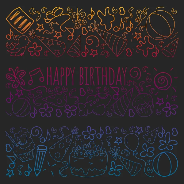 Conjunto vectorial de lindas plantillas de ilustración creativa con diseño de tema de cumpleaños. Dibujado a mano para vacaciones, invitaciones a fiestas. Dibujo en pizarra en estilo degradado . — Archivo Imágenes Vectoriales