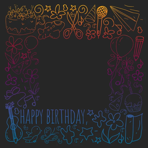 Vektor-Set von niedlichen kreativen Illustrationsvorlagen mit Geburtstagsdesign. Hand für Urlaub gezeichnet, Party-Einladungen. Zeichnung auf Tafel im Gradientenstil. — Stockvektor