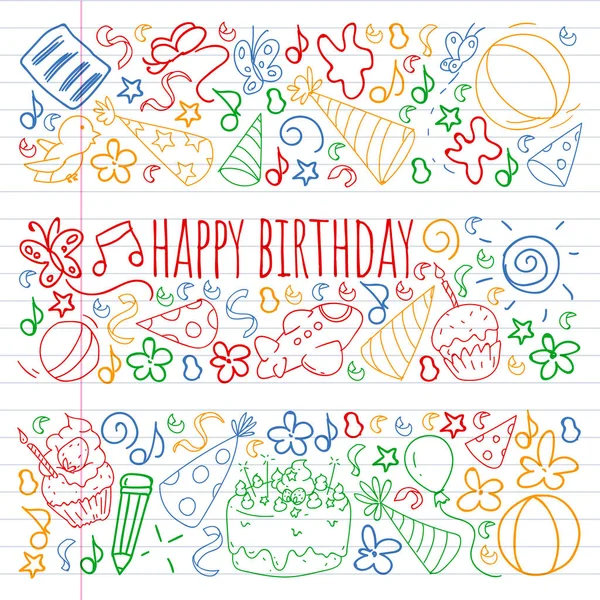 Conjunto vectorial de lindas plantillas de ilustración creativa con diseño de tema de cumpleaños. Dibujado a mano para vacaciones, invitaciones a fiestas. Dibujo en cuaderno de ejercicios en estilo colorido . — Archivo Imágenes Vectoriales