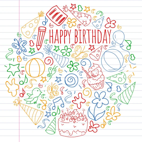Vektor-Set von niedlichen kreativen Illustrationsvorlagen mit Geburtstagsdesign. Hand für Urlaub gezeichnet, Party-Einladungen. Zeichnen auf dem Schulheft in buntem Stil. — Stockvektor