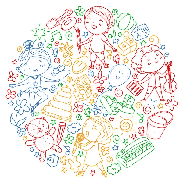 Çocukluk teması üzerinde el stili desen boyalı. Çocuk tasarımı için vektör illüstrasyon. Renkli tarzda dizüstü bilgisayar çizimi.