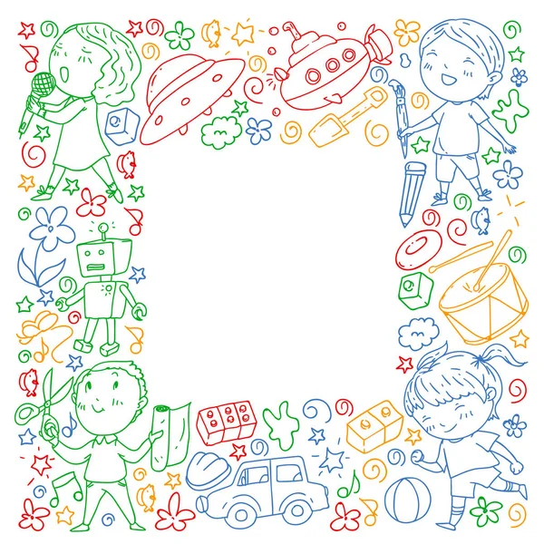Gemalt von Hand Stil Muster auf das Thema der Kindheit. Vektor-Illustration für Kinderdesign. Zeichnung auf Notizbuch im farbenfrohen Stil. — Stockvektor