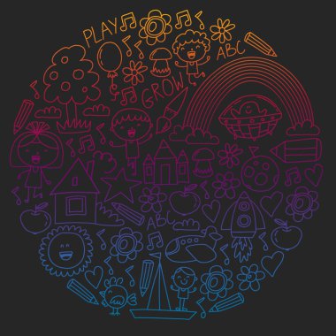 Çocukluk teması üzerinde el stili desen boyalı. Çocuk tasarımı için vektör illüstrasyon. Bir okul tahtası üzerinde renkli tebeşir ile çizim.