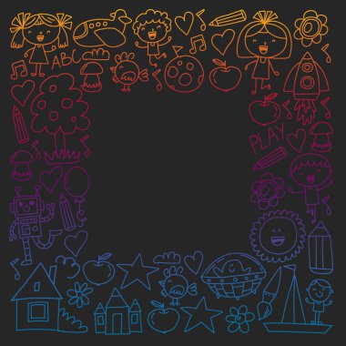 Çocukluk teması üzerinde el stili desen boyalı. Çocuk tasarımı için vektör illüstrasyon. Bir okul tahtası üzerinde renkli tebeşir ile çizim.