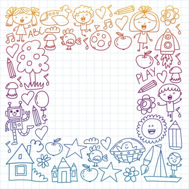 Macera zamanı. Hayal yaratıcılık küçük çocuklar anaokulu anaokulu okul çocukları karalama simgeler desen çizim oynamak, oyun, çalışma, mutlu erkek ve kız ile öğrenmek Uzay keşfedelim.