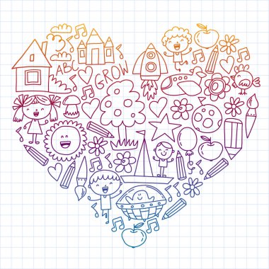 Macera zamanı. Hayal yaratıcılık küçük çocuklar anaokulu anaokulu okul çocukları karalama simgeler desen çizim oynamak, oyun, çalışma, mutlu erkek ve kız ile öğrenmek Uzay keşfedelim.