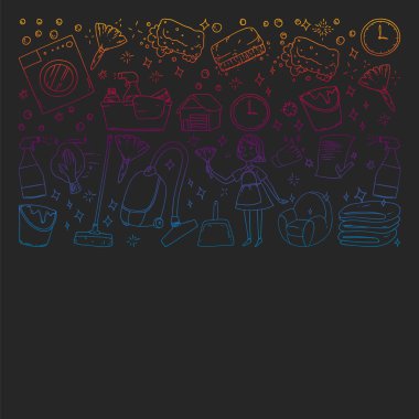 siyah arka plan üzerinde temizlik hizmetleri şirket vektör monokrom desen, çizim gradyan.