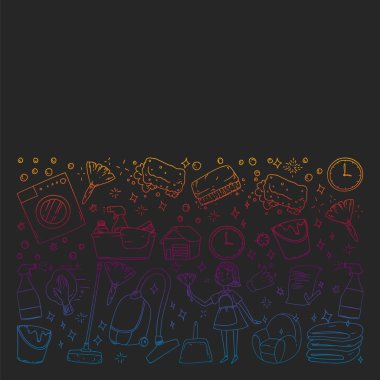 siyah arka plan üzerinde temizlik hizmetleri şirket vektör monokrom desen, çizim gradyan.