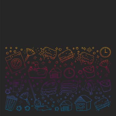 siyah arka plan üzerinde temizlik hizmetleri şirket vektör monokrom desen, çizim gradyan.