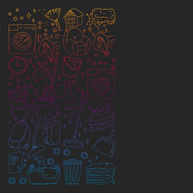 siyah arka plan üzerinde temizlik hizmetleri şirket vektör monokrom desen, çizim gradyan.