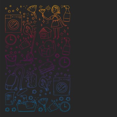 siyah arka plan üzerinde temizlik hizmetleri şirket vektör monokrom desen, çizim gradyan.