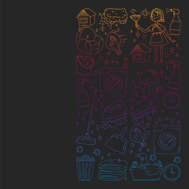 siyah arka plan üzerinde temizlik hizmetleri şirket vektör monokrom desen, çizim gradyan.