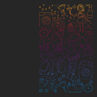 siyah arka plan üzerinde temizlik hizmetleri şirket vektör monokrom desen, çizim gradyan.