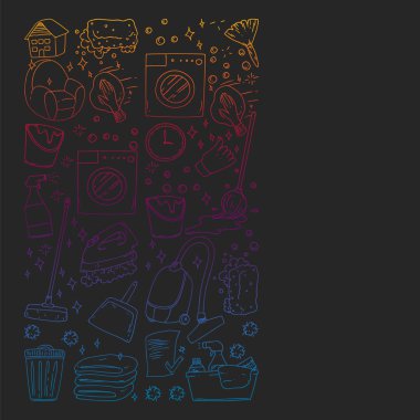 siyah arka plan üzerinde temizlik hizmetleri şirket vektör monokrom desen, çizim gradyan.