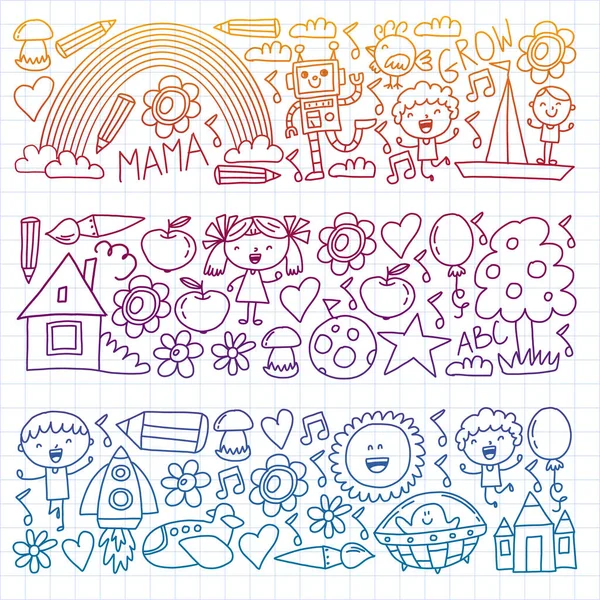 Time to adventure. Imagination creativity small children play nursery kindergarten preschool school kids drawing doodle icons pattern, play, study, learn with happy boys and girls Let's explore space. — Stock Vector