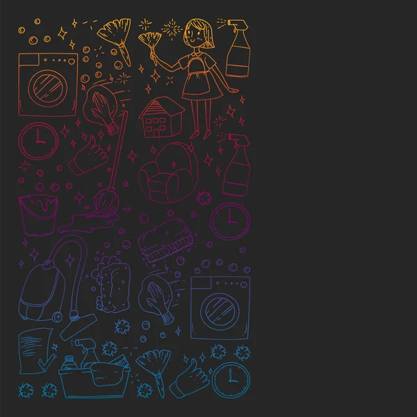 siyah arka plan üzerinde temizlik hizmetleri şirket vektör monokrom desen, çizim gradyan.