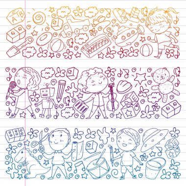 Çocukluk teması üzerinde el stili desen boyalı. Çocuk tasarımı için vektör illüstrasyon. Degrade tarzında egzersiz dizüstü çizim.